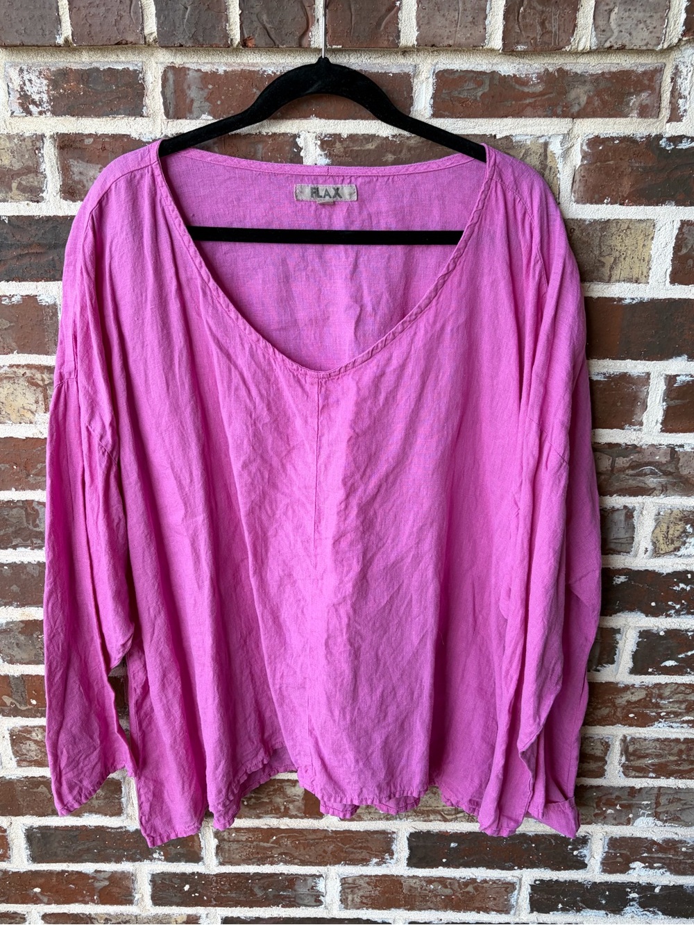 FLAX 100% Linen Pink Popover V Neck Long Sleeve Top Size 3X